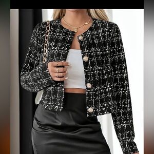 76. Tweed Button Front Coat, Elegant Crew Neck Long Sleeve Coat